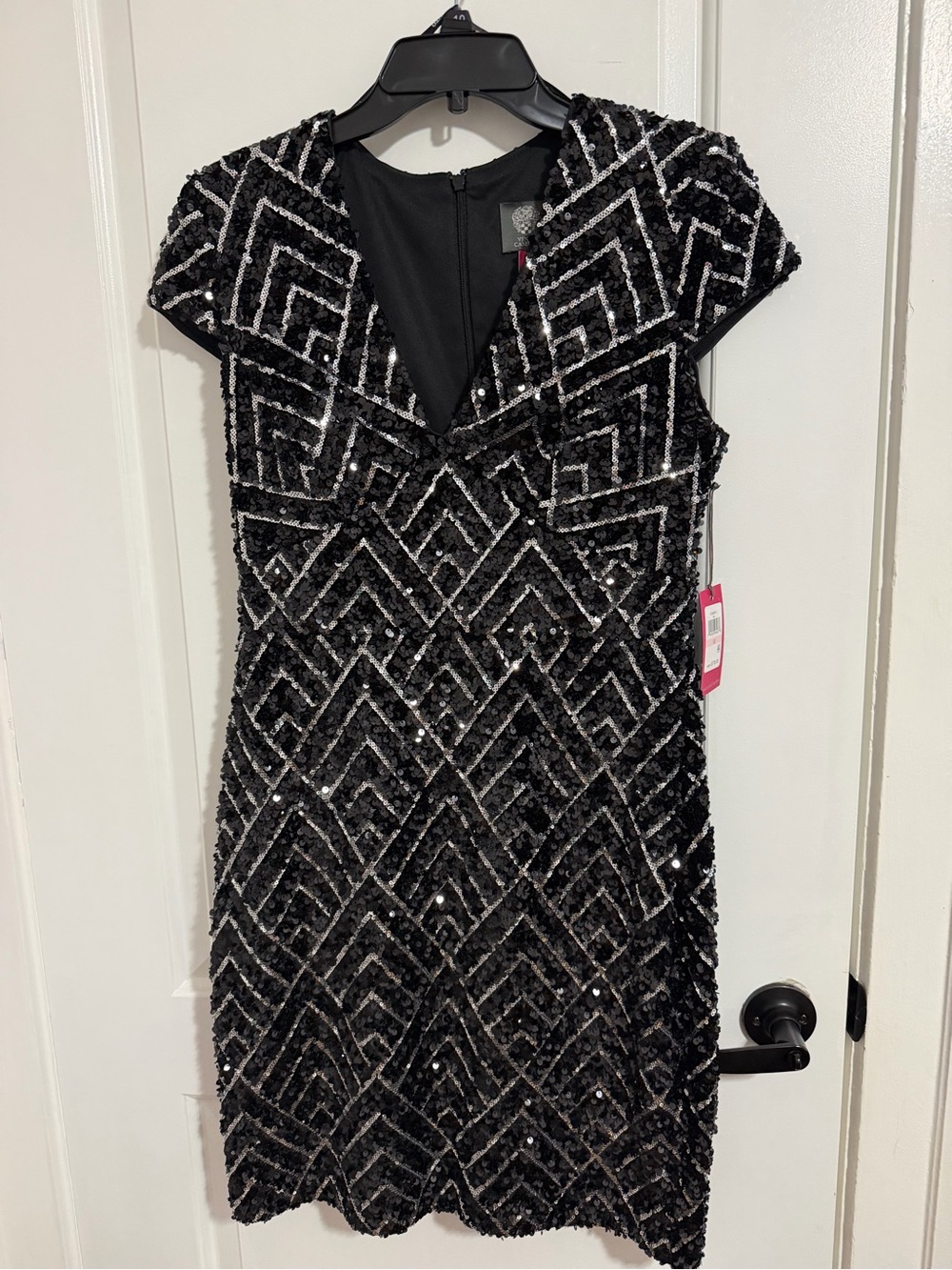Vince Camuto Black Sequin V-Neck Midi Dress